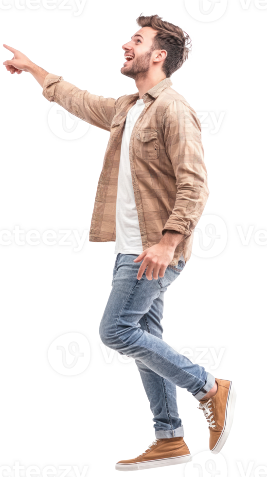 Excited young man floating in air with hand pointing at right side copyspace, Full length, side view isolate on transparent background png