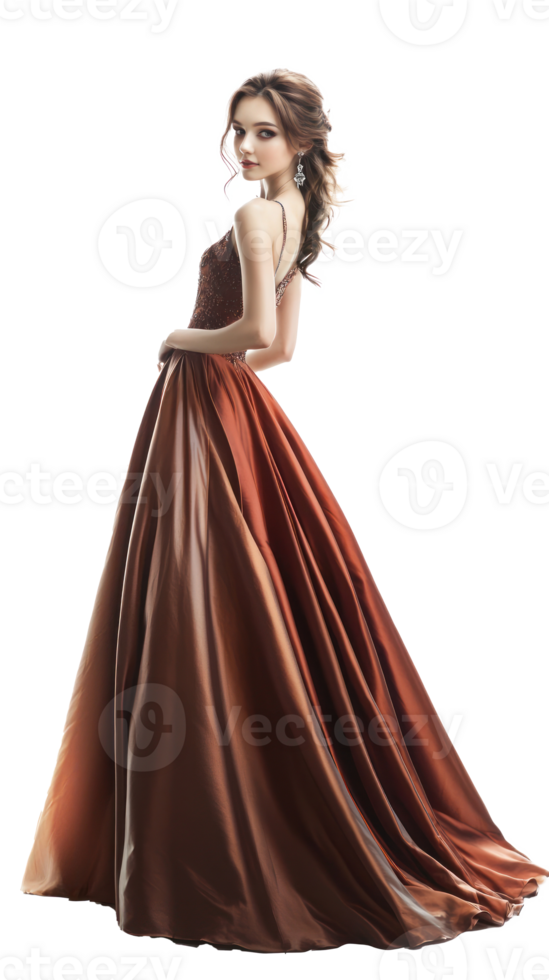 Fashion young woman in elegant dress, model posing full length, side view isolate on transparent background png