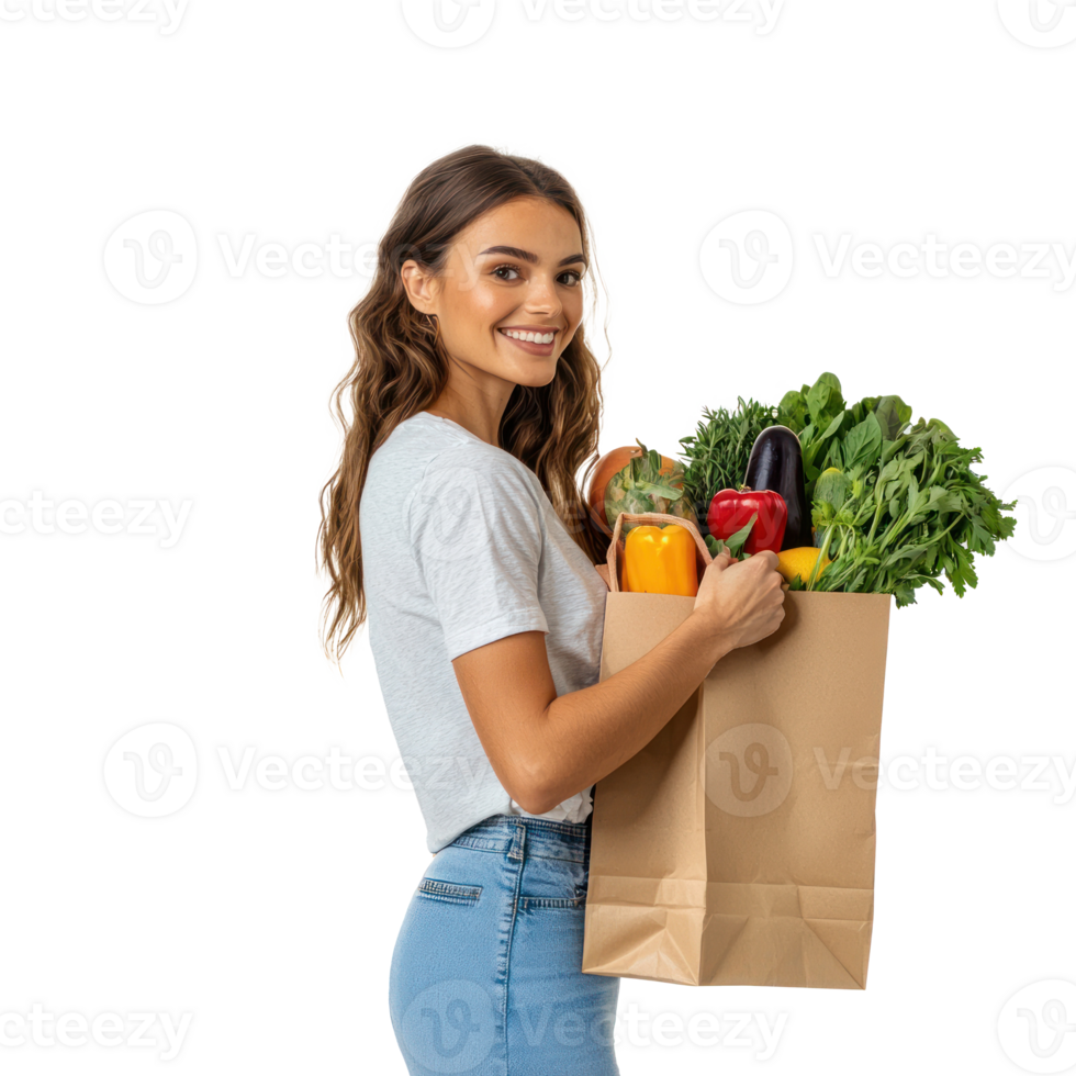 Smiling Woman holding Groceries shopping bag side view isolate on transparent background png