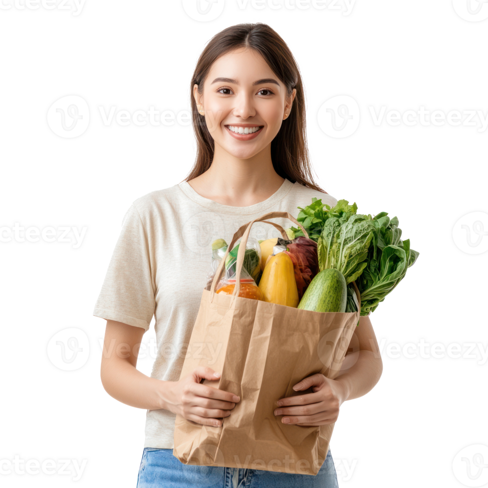 Smiling Woman holding Groceries shopping bag isolate on transparent background png