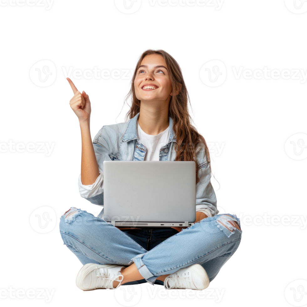 Happy young woman sitting cross-legged with a laptop in the air, hand pointing at right empty space side view isolate on transparent background png