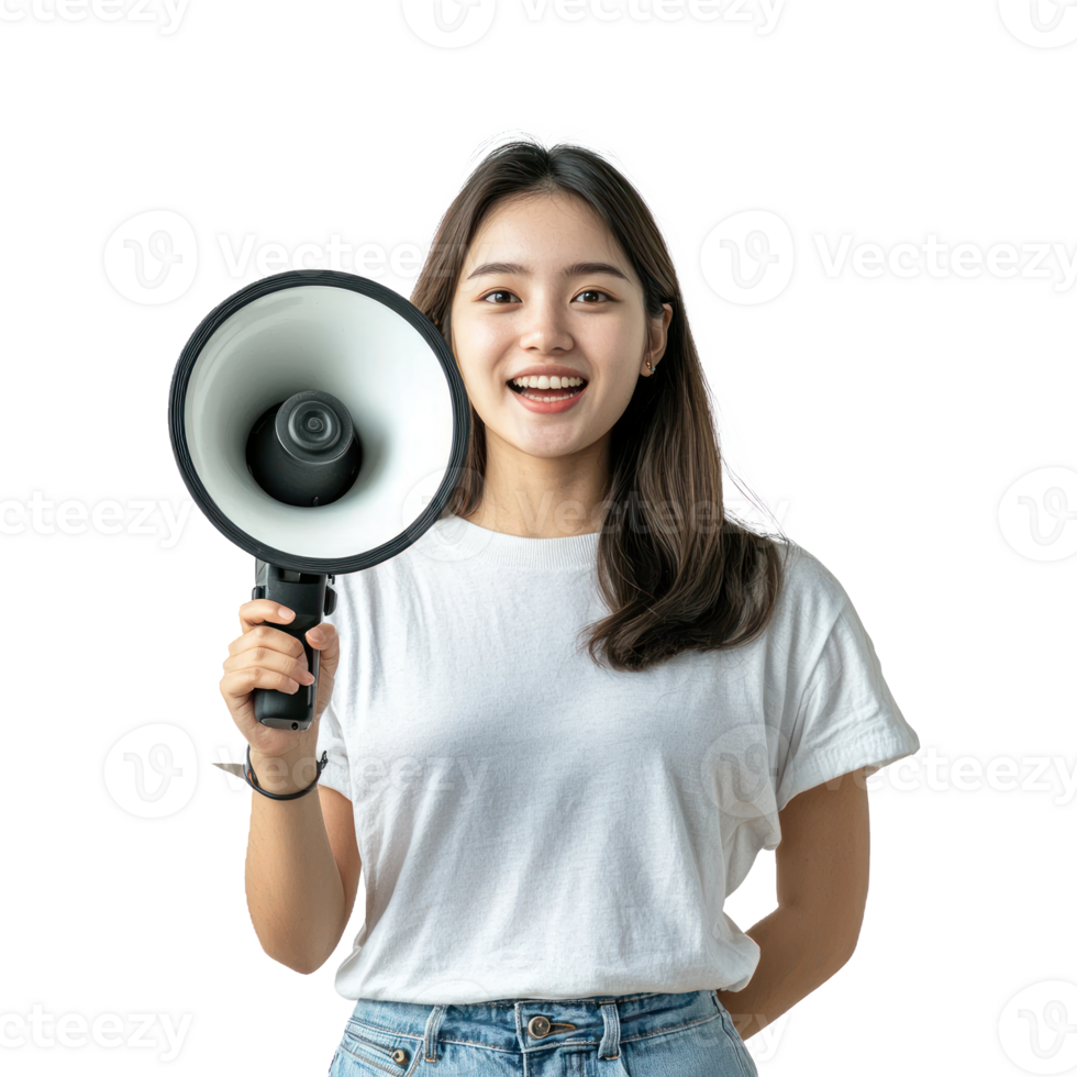 Smiling woman hand holding megaphone looking at empty space, standing front view isolate on transparent background png