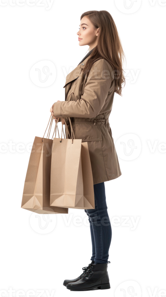 Pretty young woman posing with shopping bags, Full length, side view isolate on transparent background png