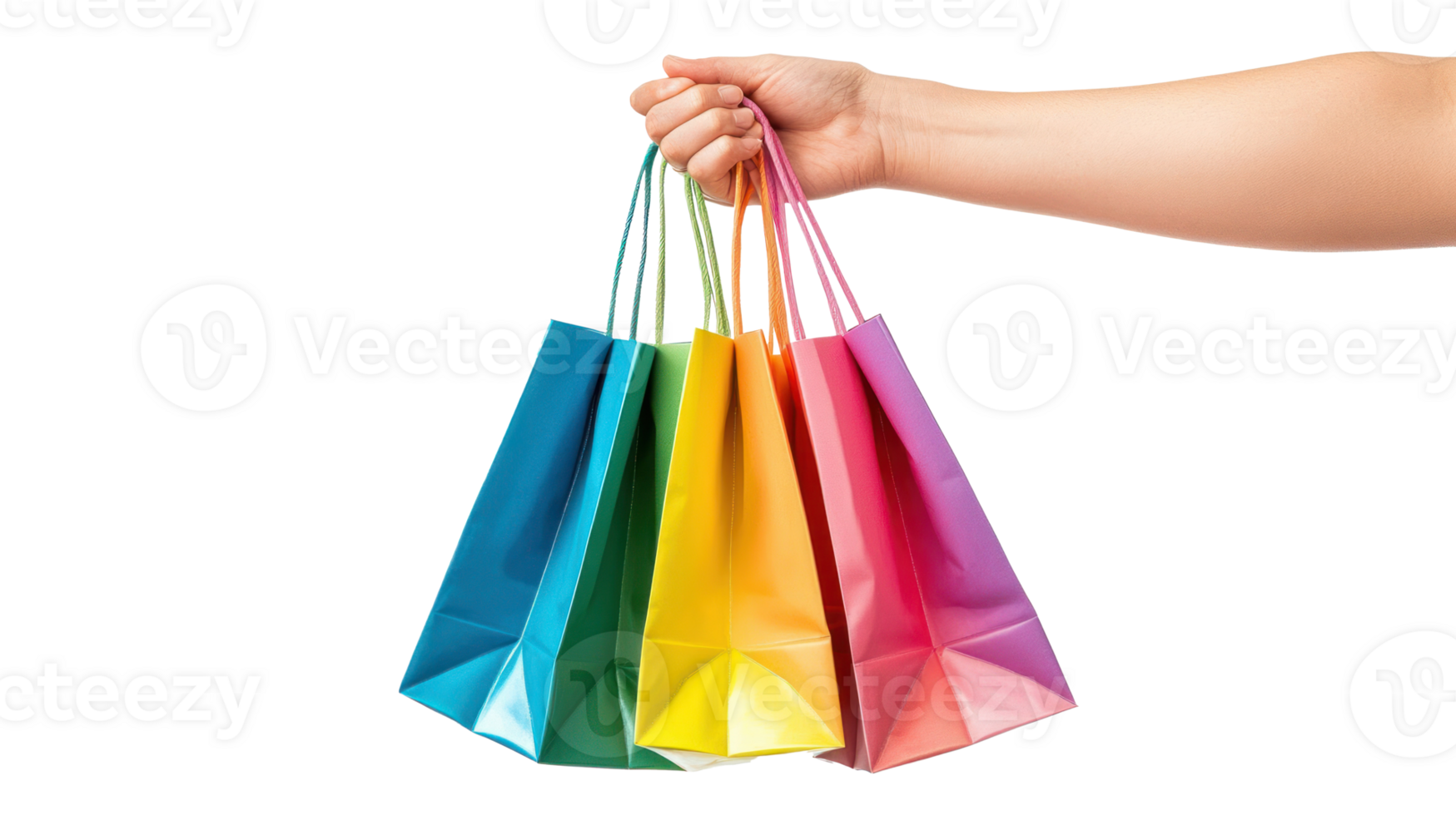 hand holding colorful shopping bag isolate on transparent background png