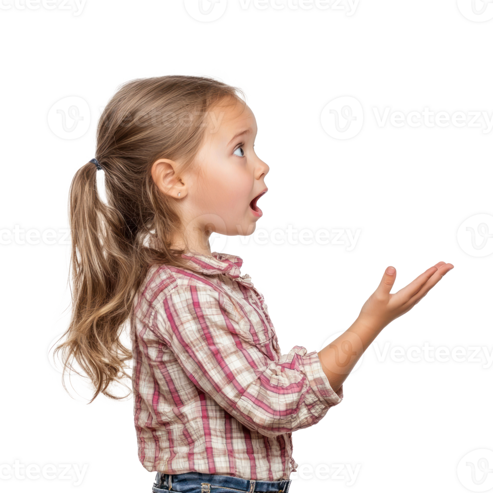 Shocked facial expression little girl student with hand open, standing side view isolate on transparent background png