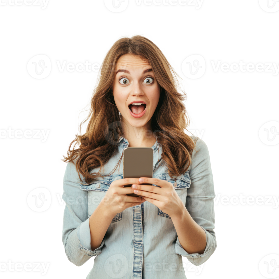 Happy Young woman with surprised facial expression and hand hold smartphone, standing front view isolate on transparent background png