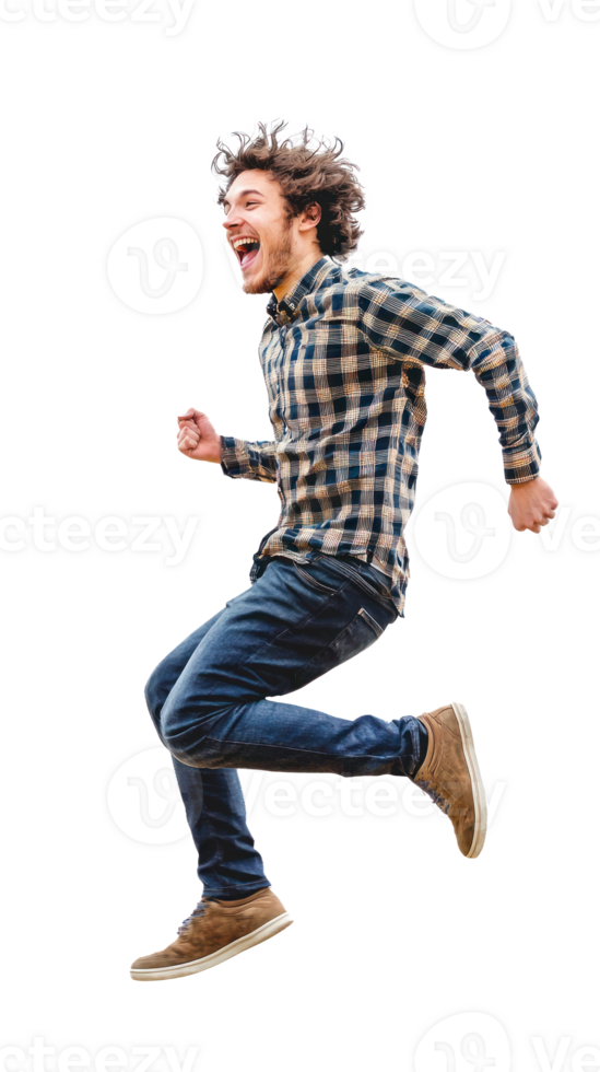 Handsome man with excited smile he is run in air, Full length isolate on transparent background png