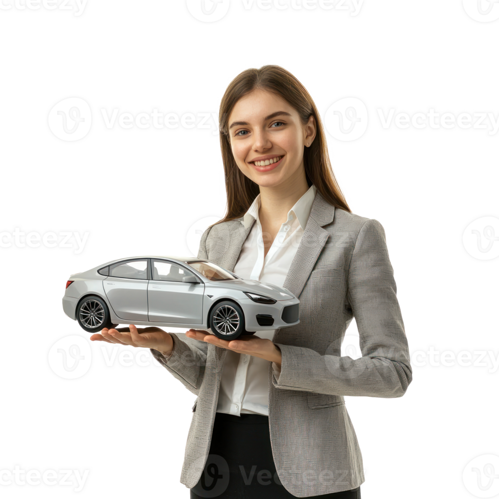 Smiling young businesswoman holding car model with hand pointing at empty space isolate on transparent background png