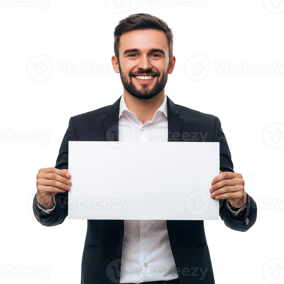 Smiling young businessman hold and show white advertising board, standing isolate on transparent background png