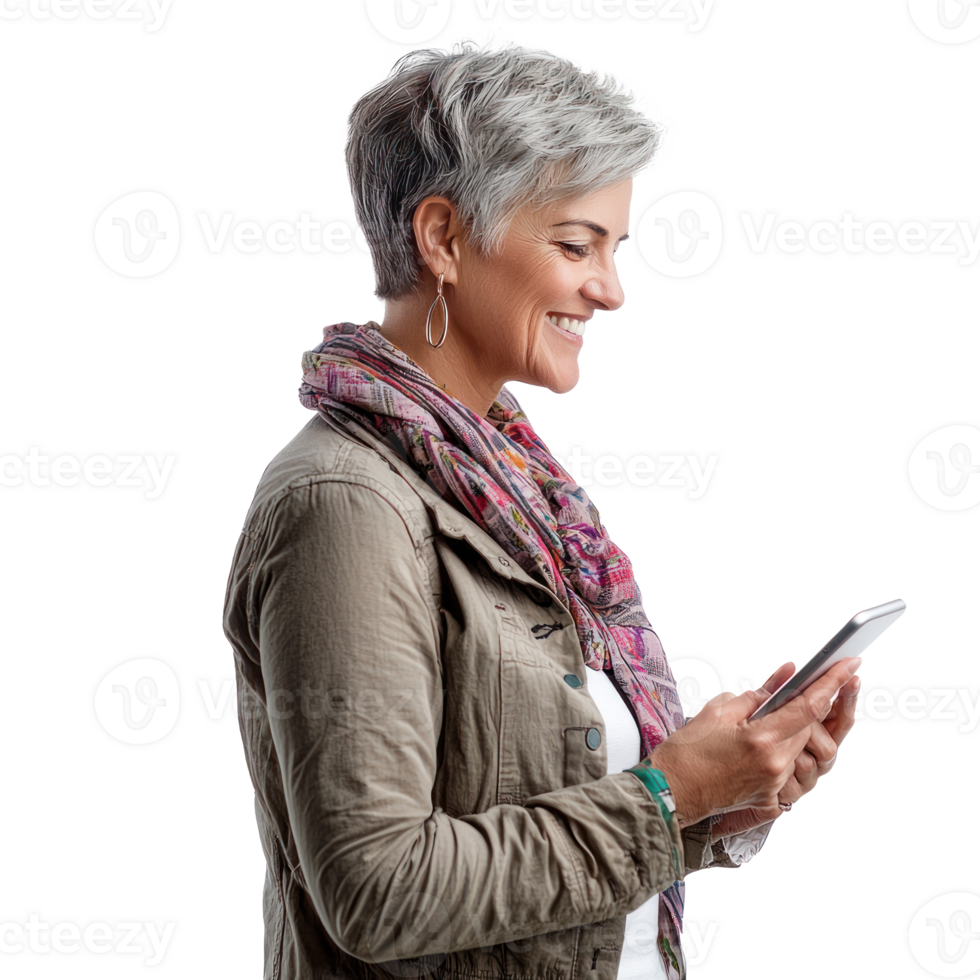 Happy smiling mature middle-aged woman using smart phone, standing side view isolate on transparent background png