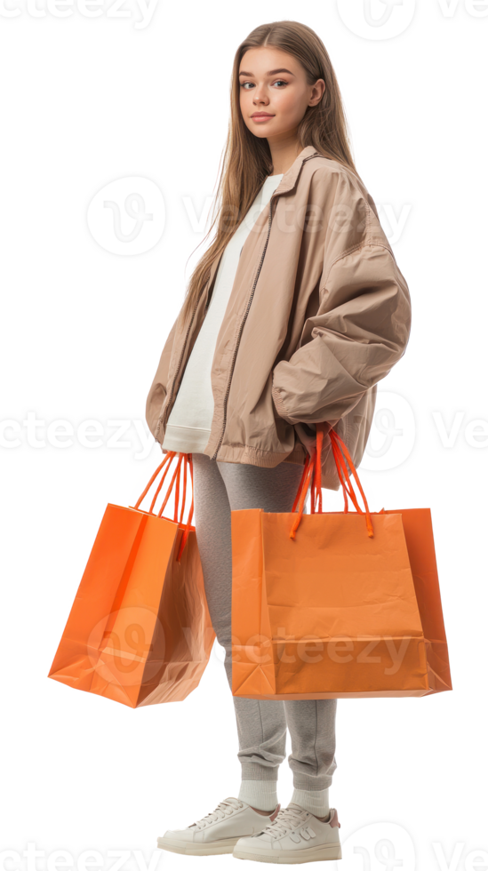 Pretty young woman posing with shopping bags, Full length, side view isolate on transparent background png