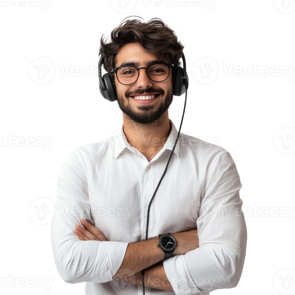 Smiling young customer service man with headset, standing, call center isolate on transparent background png