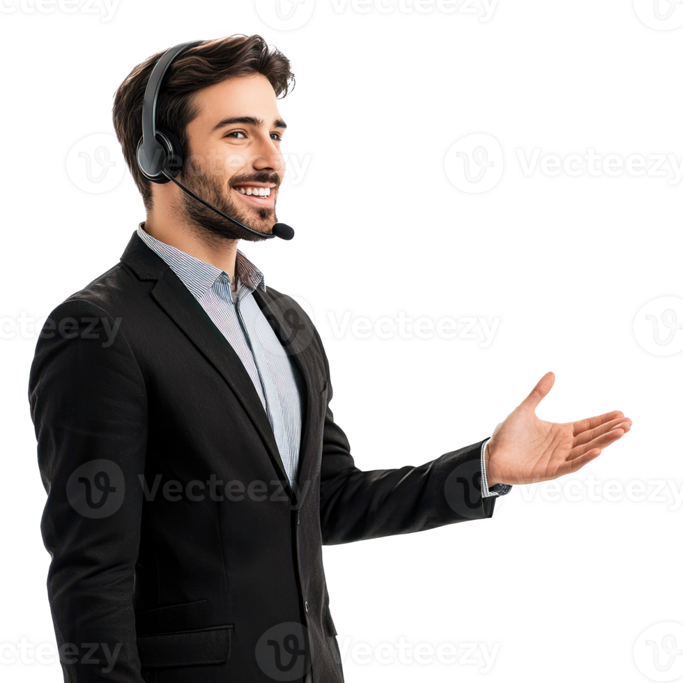 Smiling young customer service man with headset wearing suit and hand presenting something at copy space, standing, call center side view isolate on transparent background png