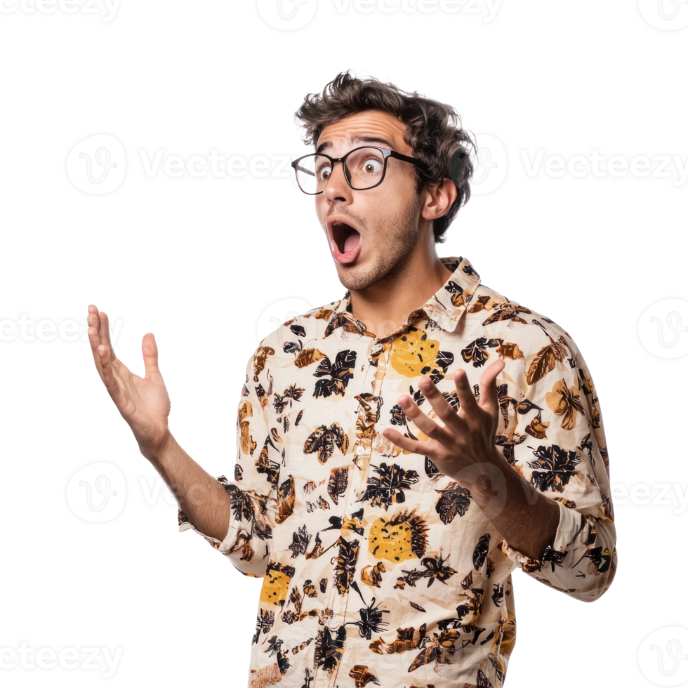 Shocked facial expression young man with hand open, standing side view isolate on transparent background png