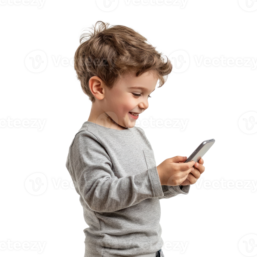 Happy smiling little boy using smart phone, standing side view isolate on transparent background png