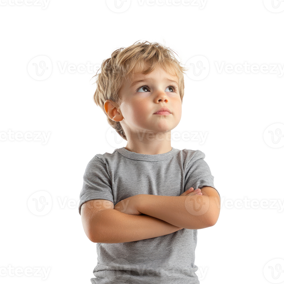 Little boy thinking and looking at empty space, standing front view isolate on transparent background png