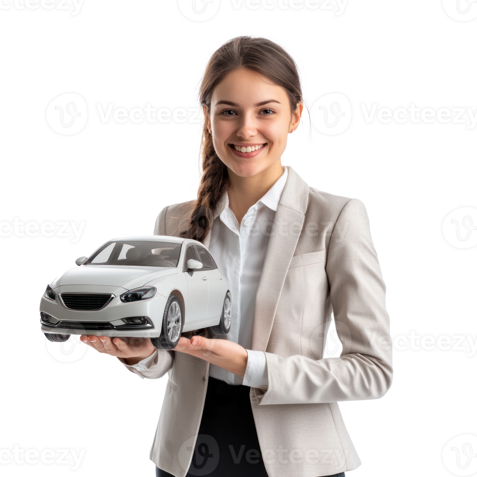 Smiling young businesswoman holding car model with hand pointing at empty space front view isolate on transparent background png