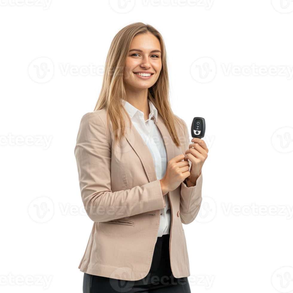 Smiling business woman holding a car key, standing side view isolate on transparent background png