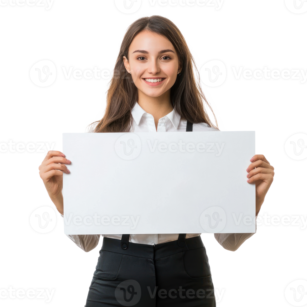 Smiling young businesswoman hold and show white advertising board, standing isolate on transparent background png