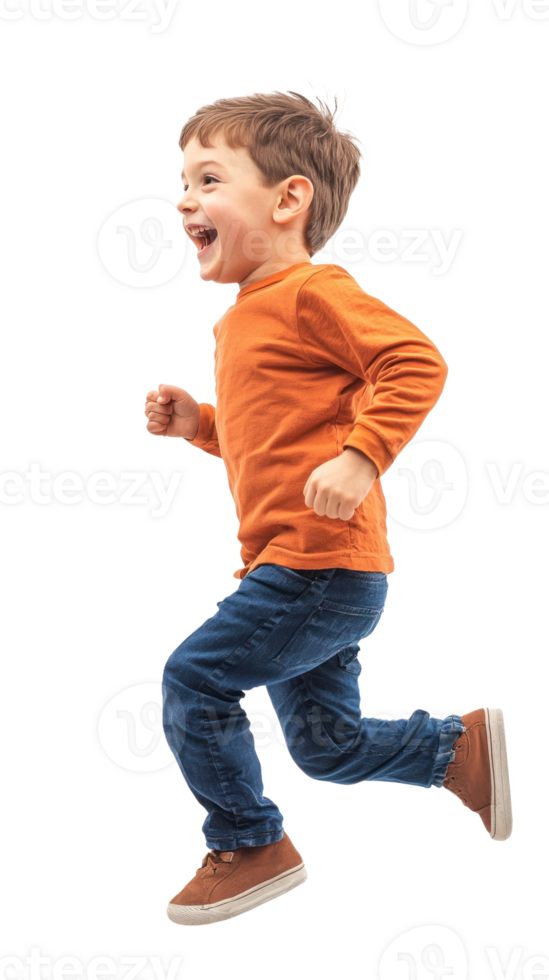 Little boy with excited smile he is run in air, Full length, side view isolate on transparent background png