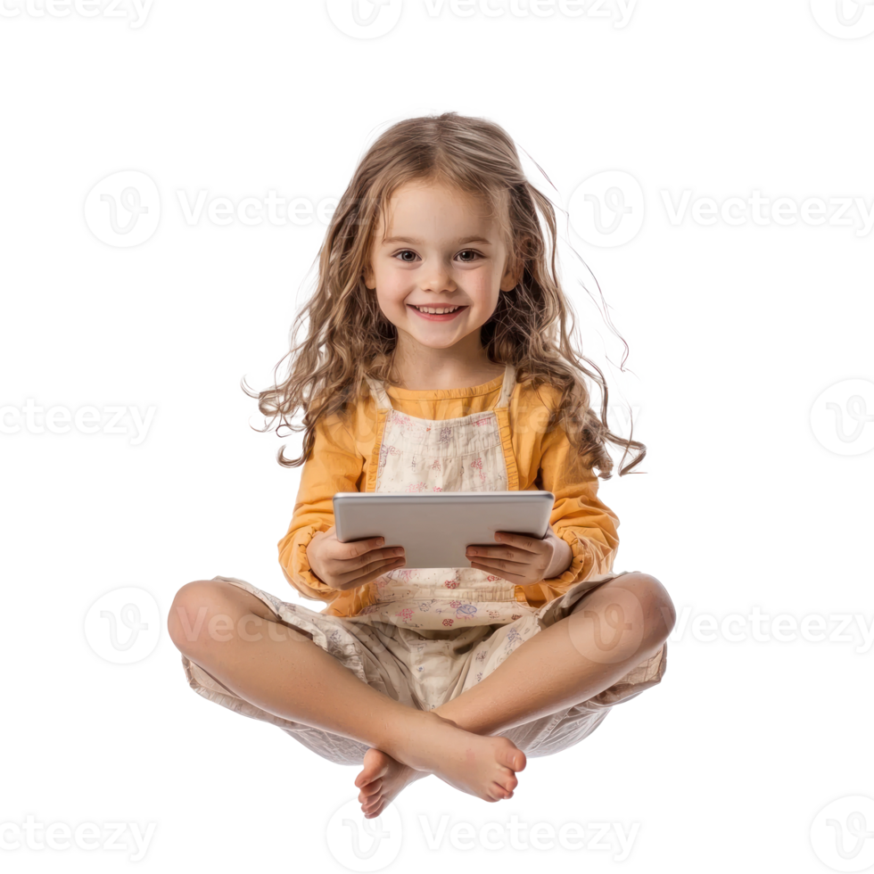Happy little girl sitting cross-legged in the air using tablet, front view isolate on transparent background png