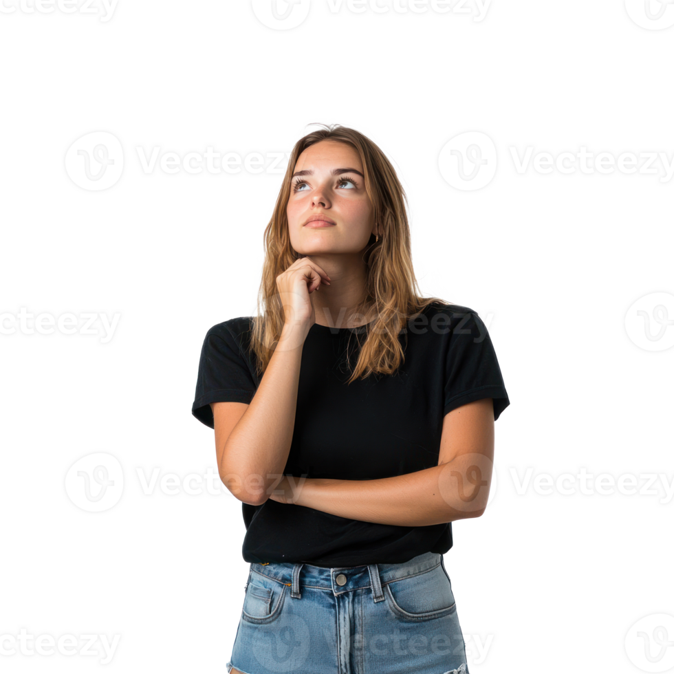 Female customer thinking and looking at empty space, standing front view isolate on transparent background png