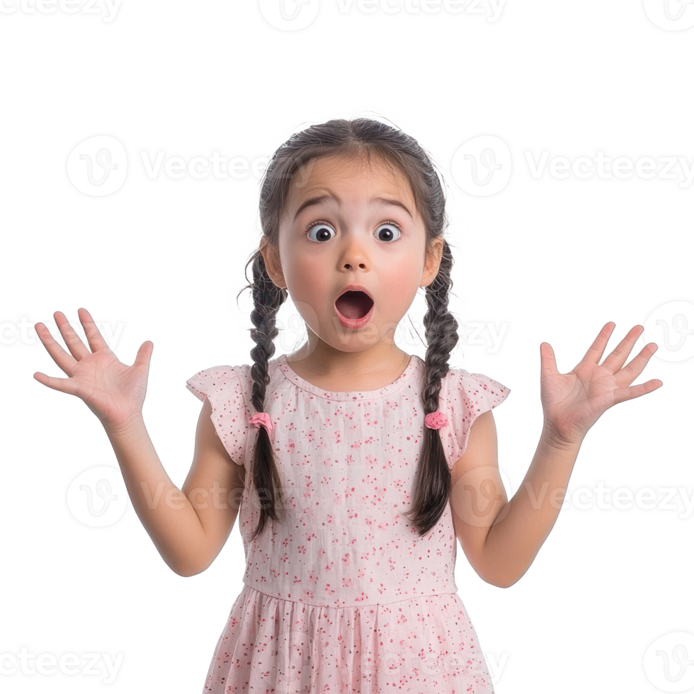 Shocked facial expression little girl student with hand open, standing isolate on transparent background png