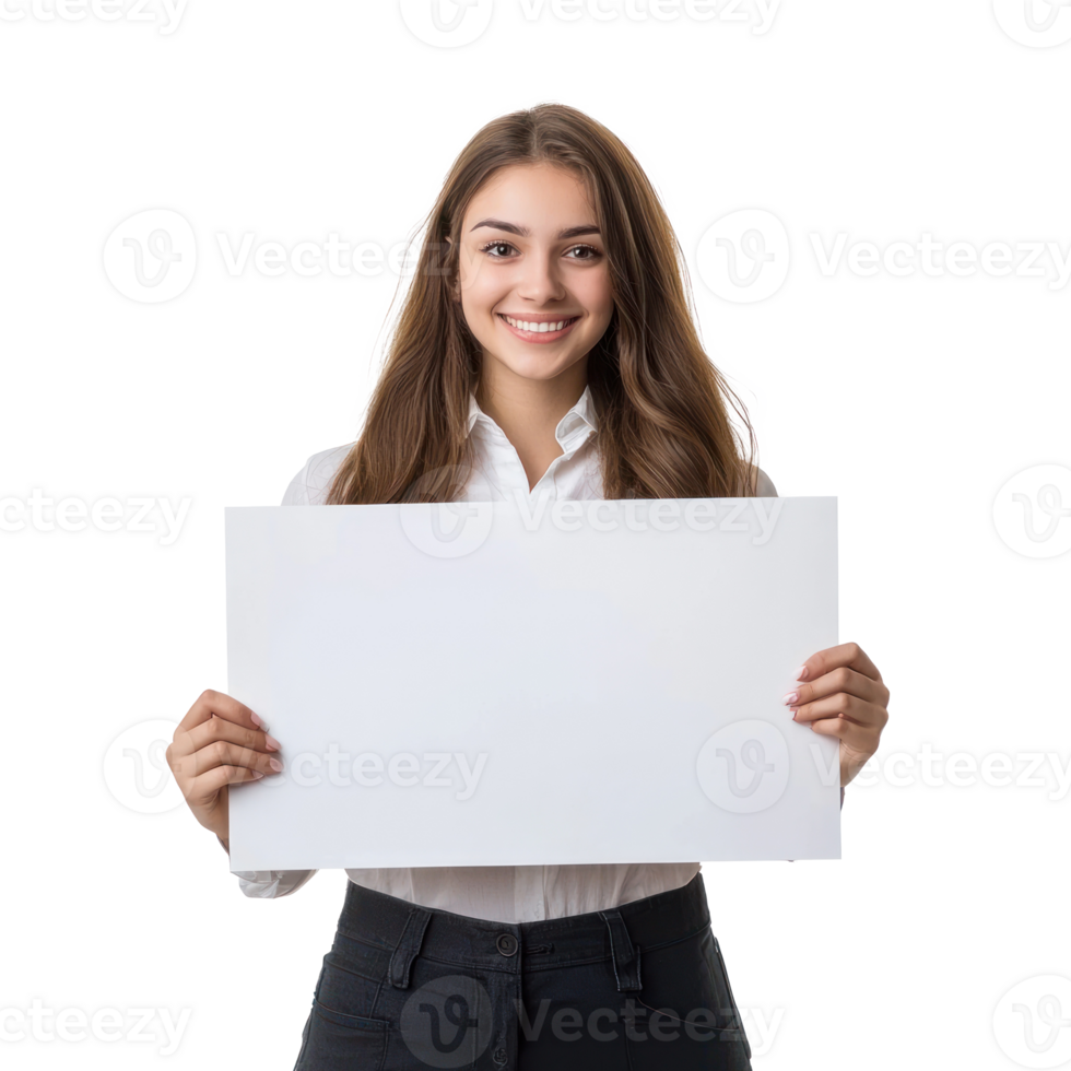 Smiling young businesswoman hold and show white advertising board, standing isolate on transparent background png