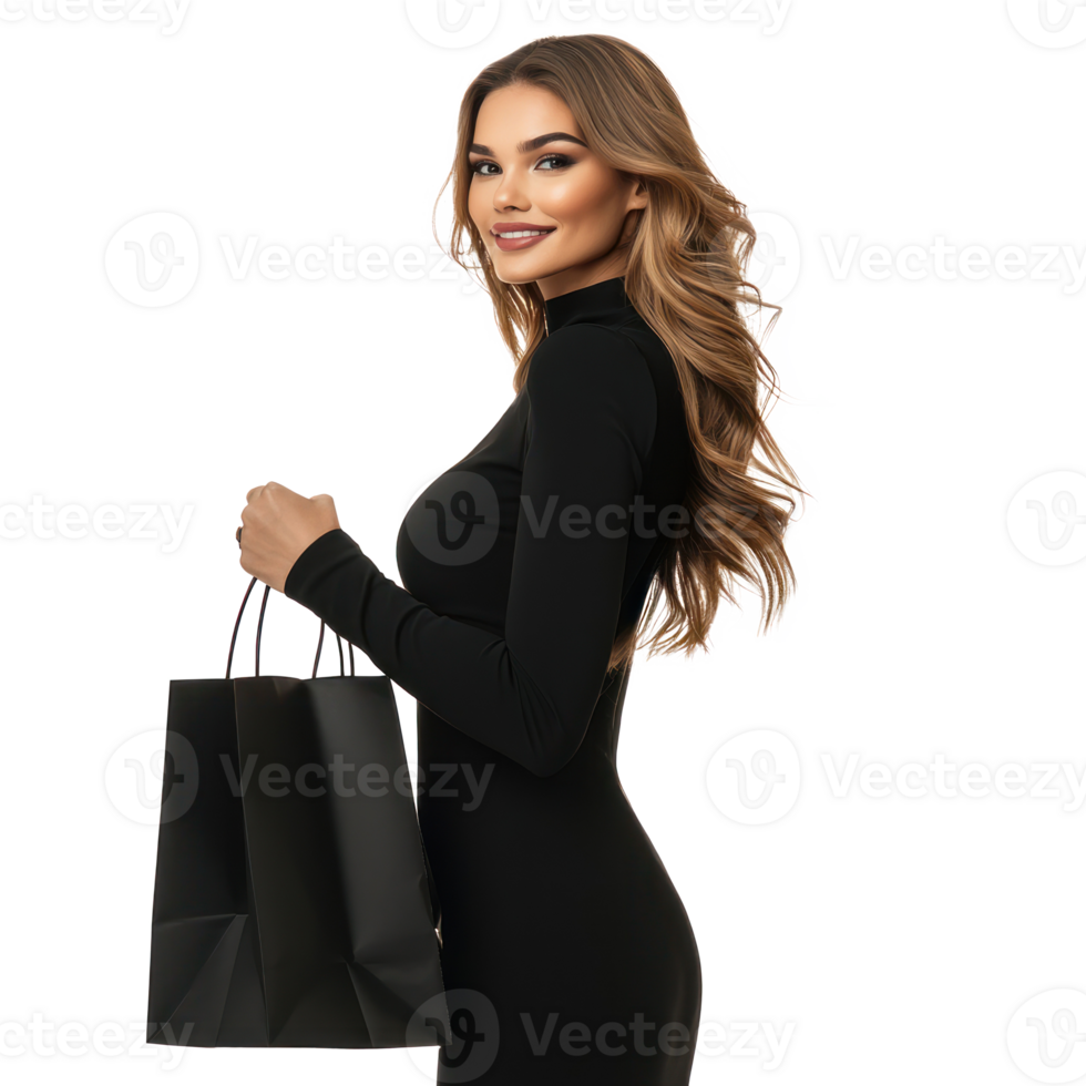 Smiling Beautiful elegant fashion woman in black dress holding black paper shopping bag, standing, Black Friday concept side view isolate on transparent background png