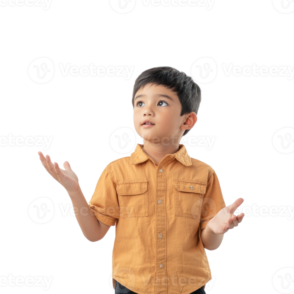 Young little boy student hand present something at copy space, standing front view isolate on transparent background png