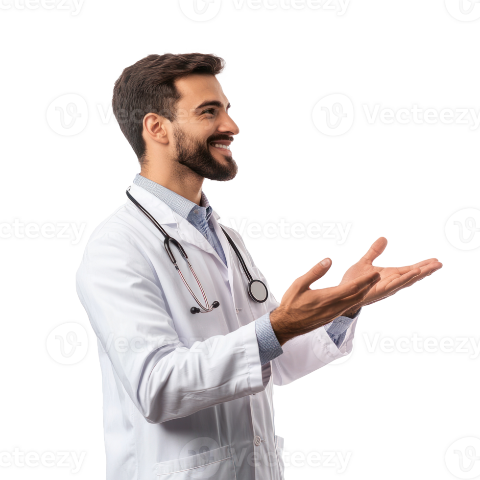 Happy smiling male doctor with hand present something empty space, standing side view isolate on transparent background png