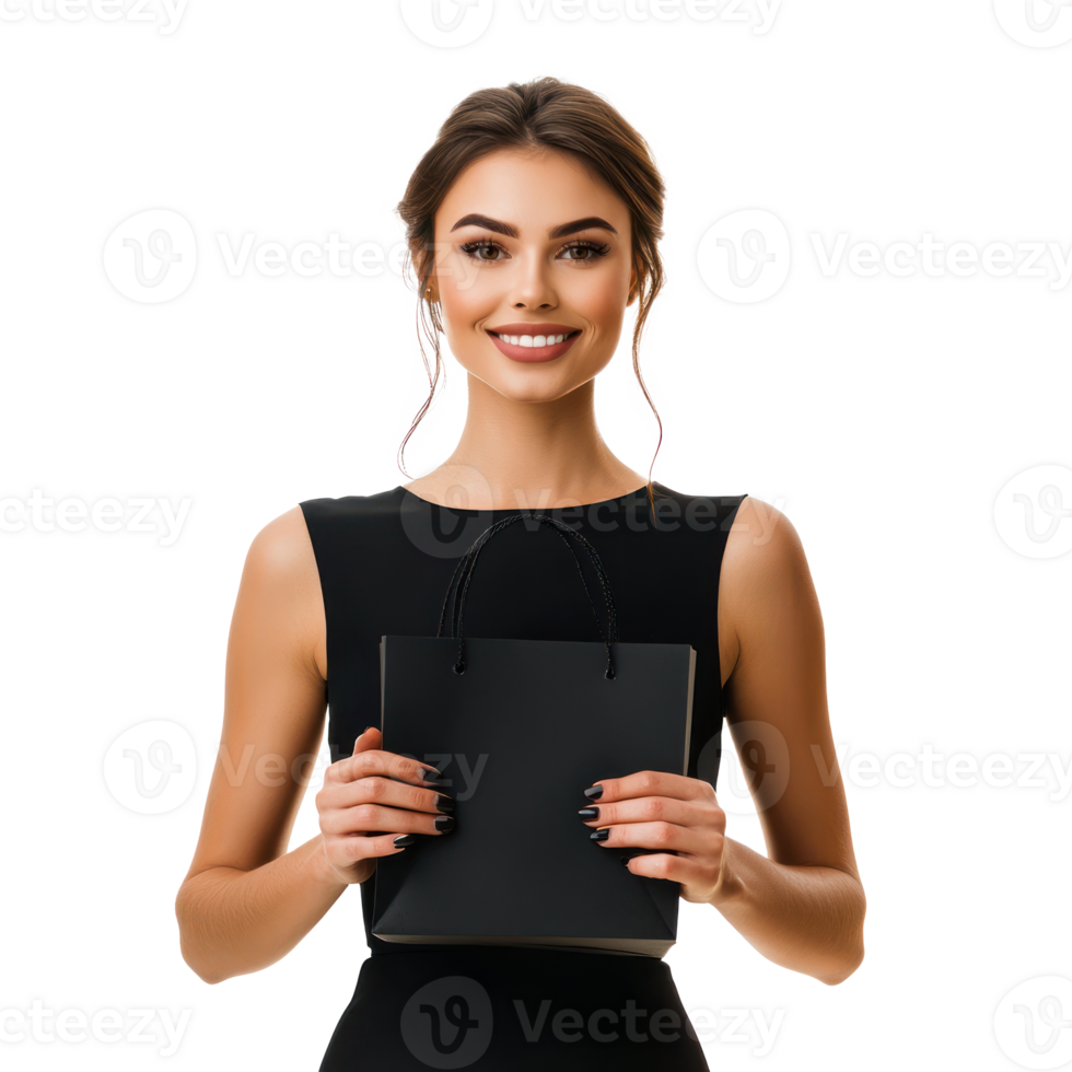 Smiling Beautiful elegant fashion woman in black dress holding black paper shopping bag, standing, Black Friday concept front view isolate on transparent background png