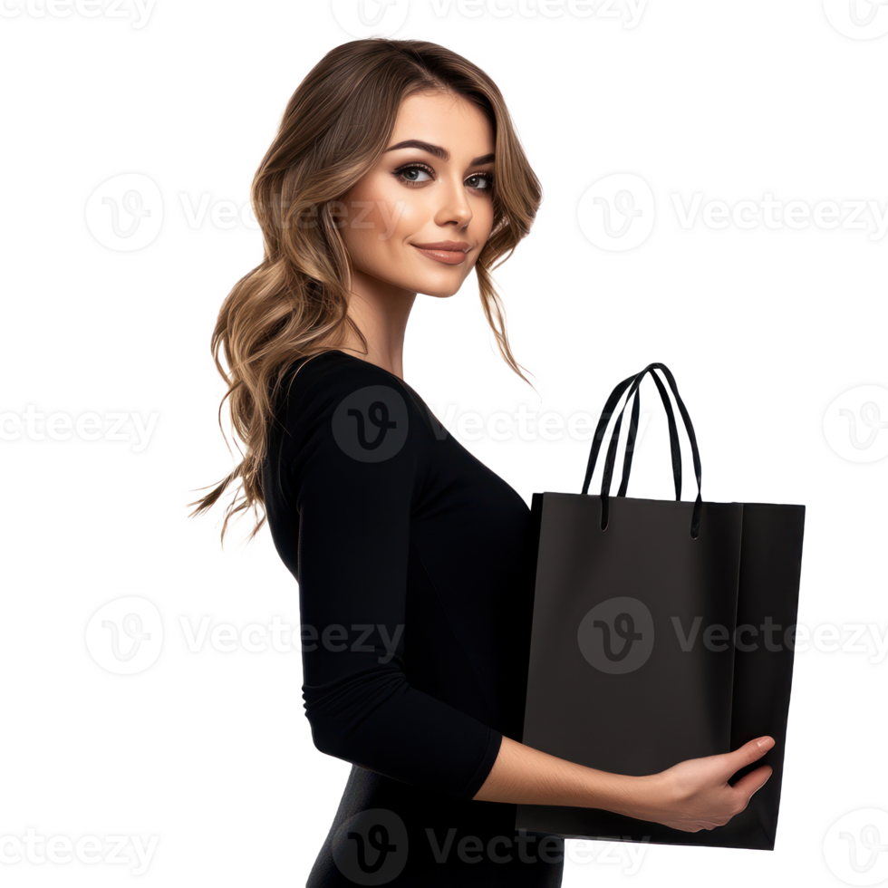Smiling Beautiful elegant fashion woman in black dress holding black paper shopping bag, standing, Black Friday concept side view isolate on transparent background png
