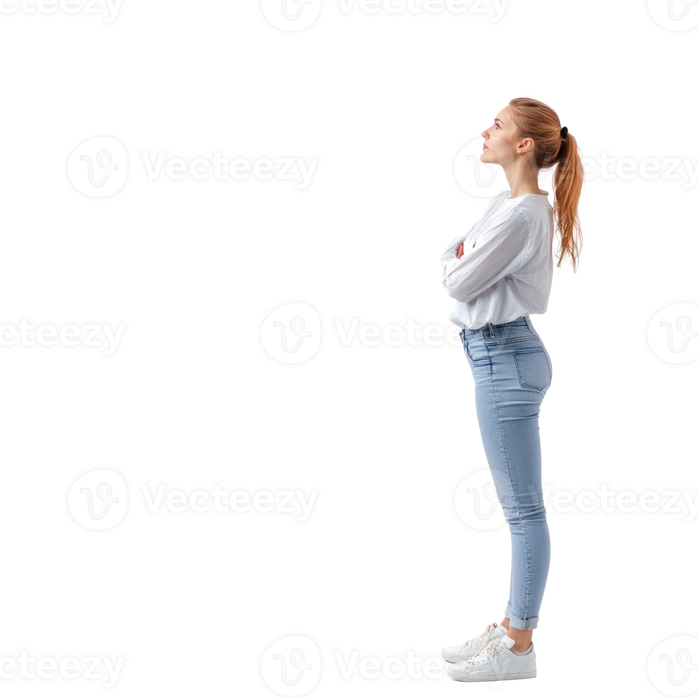 Female customer thinking and looking at empty space, standing side view isolate on transparent background png
