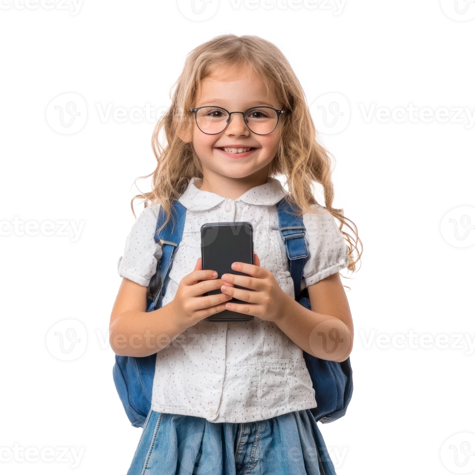 Happy smiling little girl student using smart phone, standing isolate on transparent background png