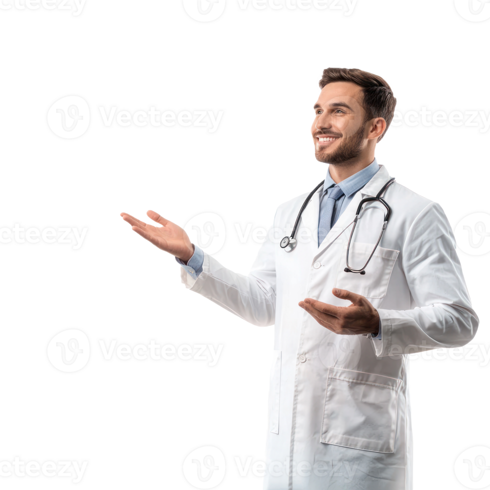 Happy smiling male doctor with hand present something empty space, standing isolate on transparent background png