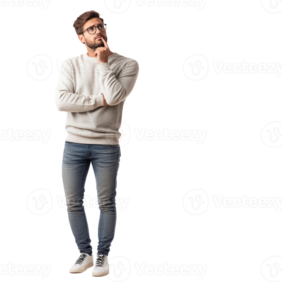 Male customer thinking and looking at empty space, standing isolate on transparent background png