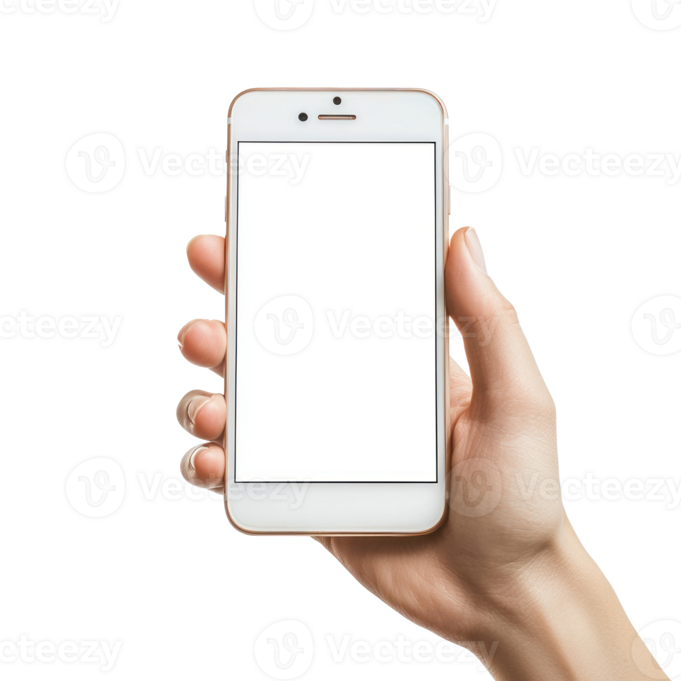 Woman hand holding smart phone with blank screen isolate on transparent background png
