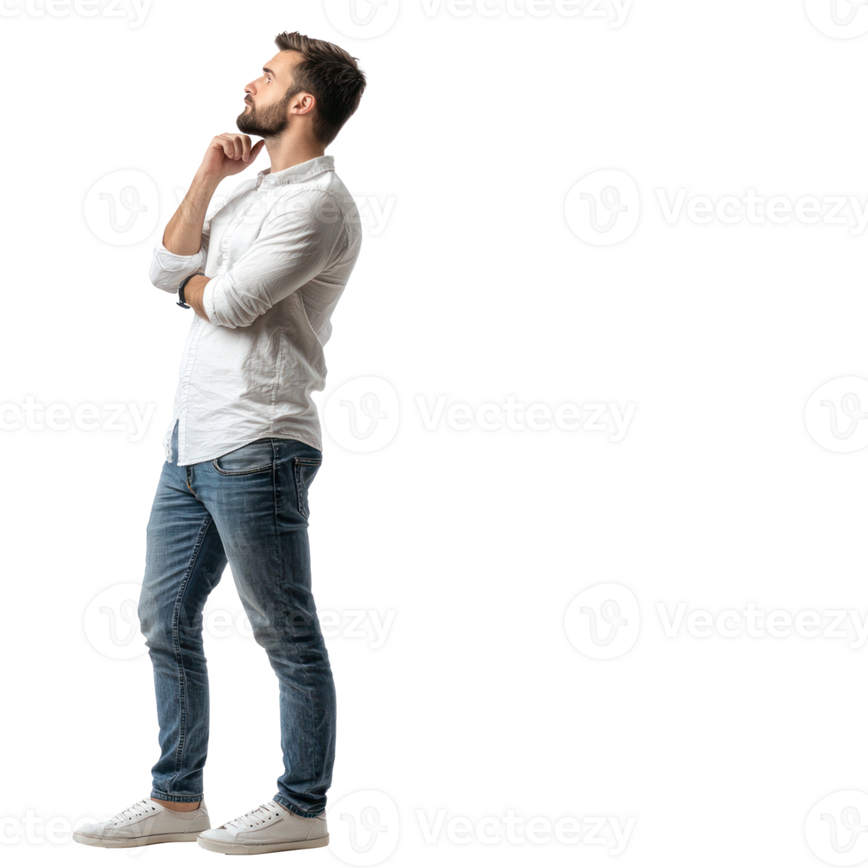 Male customer thinking and looking at empty space, standing side view isolate on transparent background png