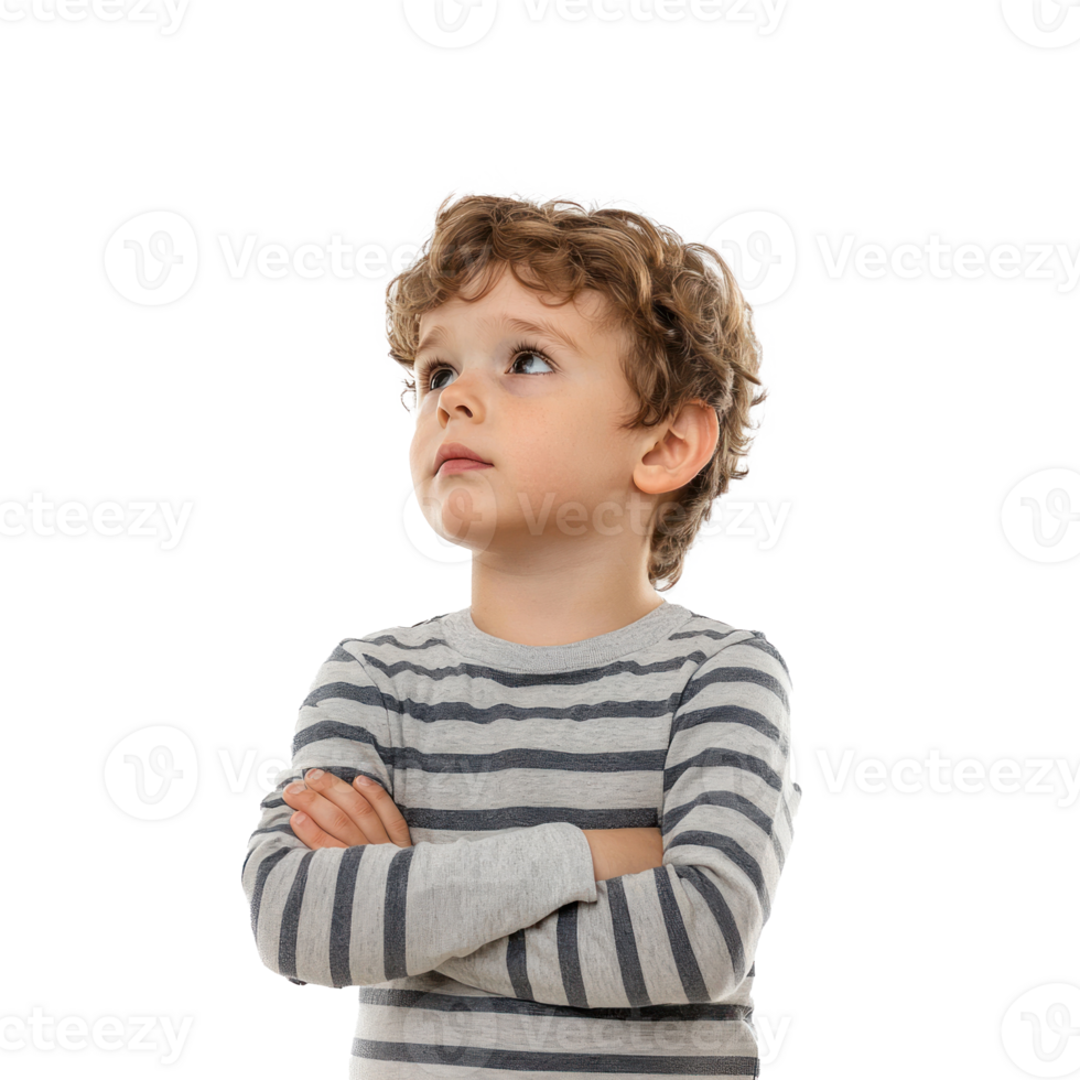 Little boy thinking and looking at empty space, standing front view isolate on transparent background png