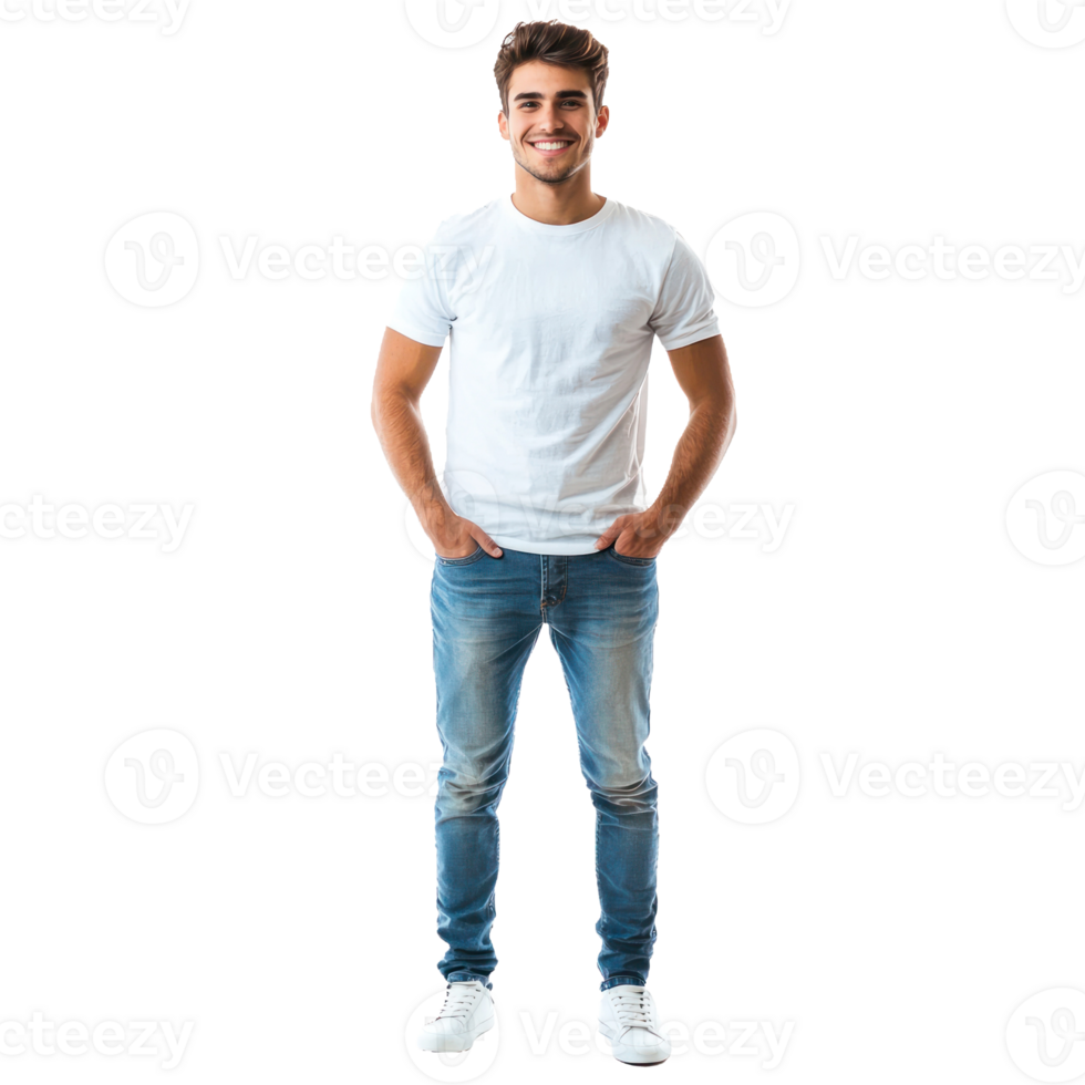 Smiling young man standing with hands in pockets, standing front view isolate on transparent background png