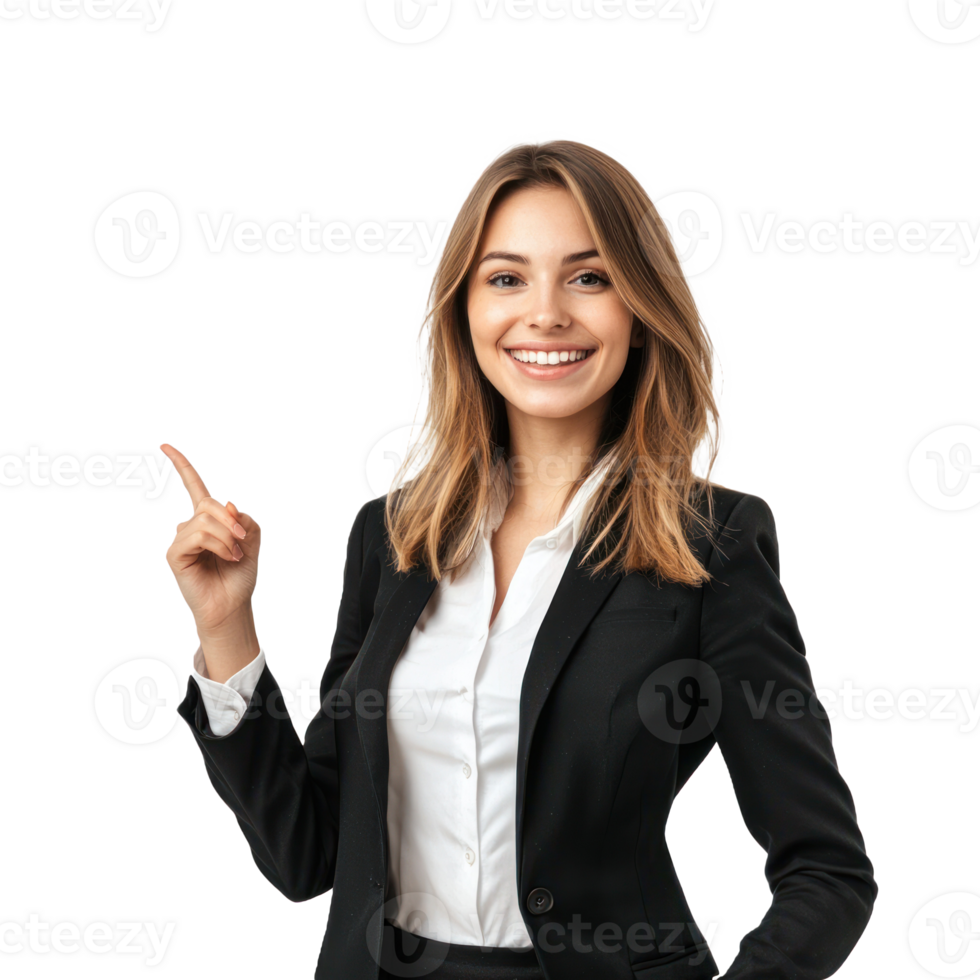 Happy smiling business woman in suit with hand pointing at empty space, standing isolate on transparent background png