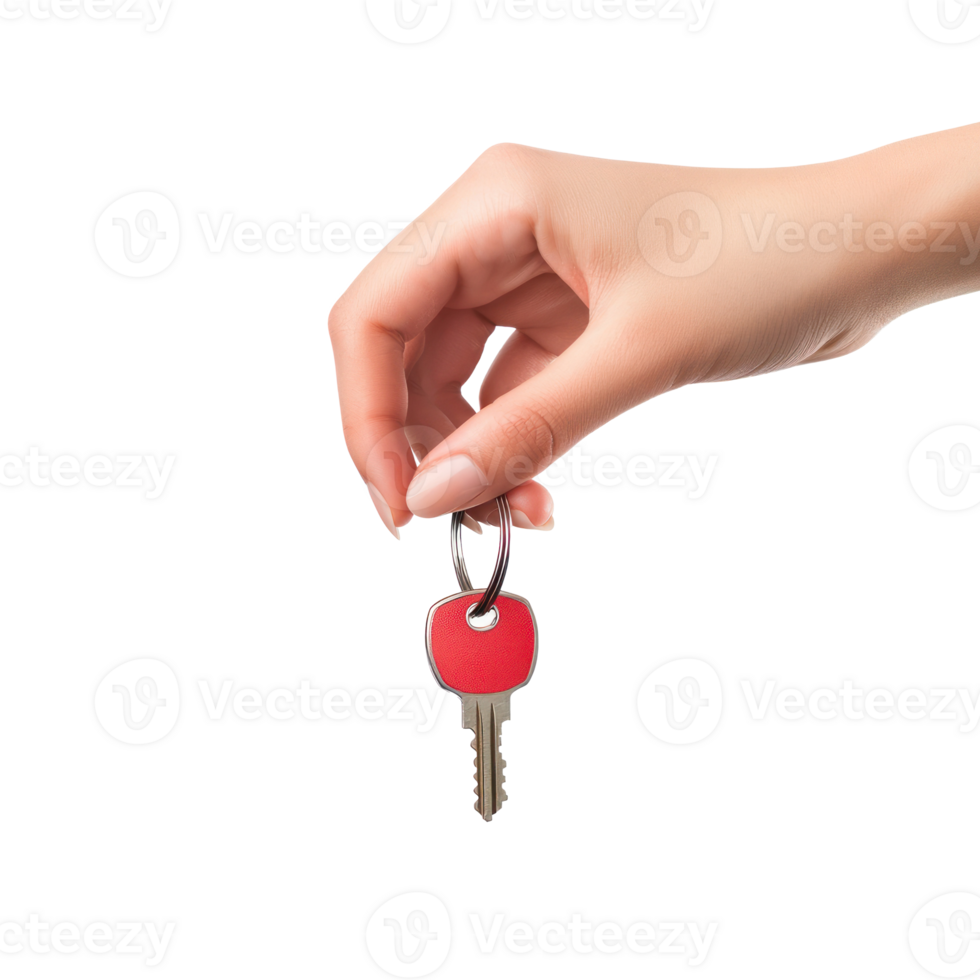Woman long hand holding house key isolate on transparent background png
