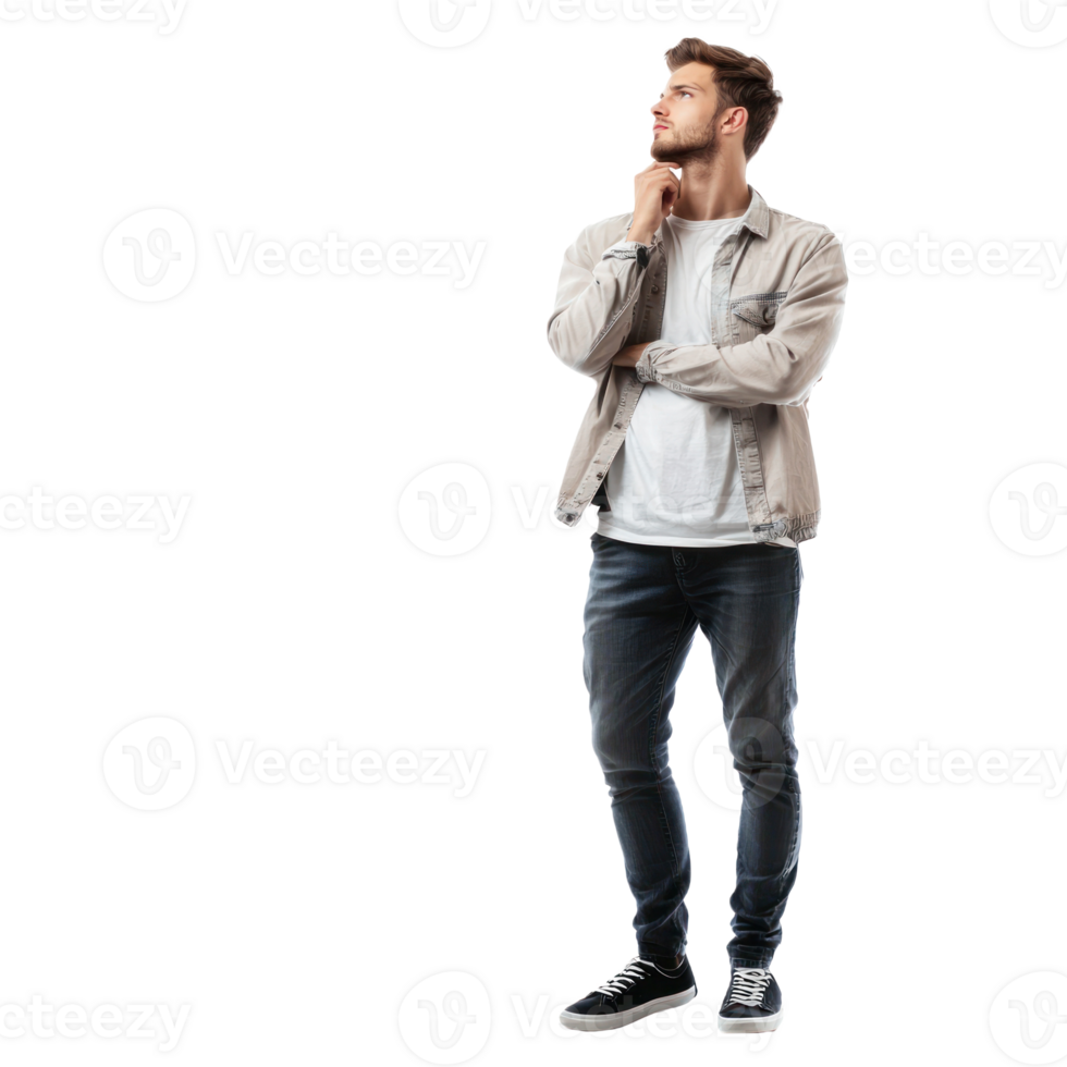 Male customer thinking and looking at empty space, standing isolate on transparent background png