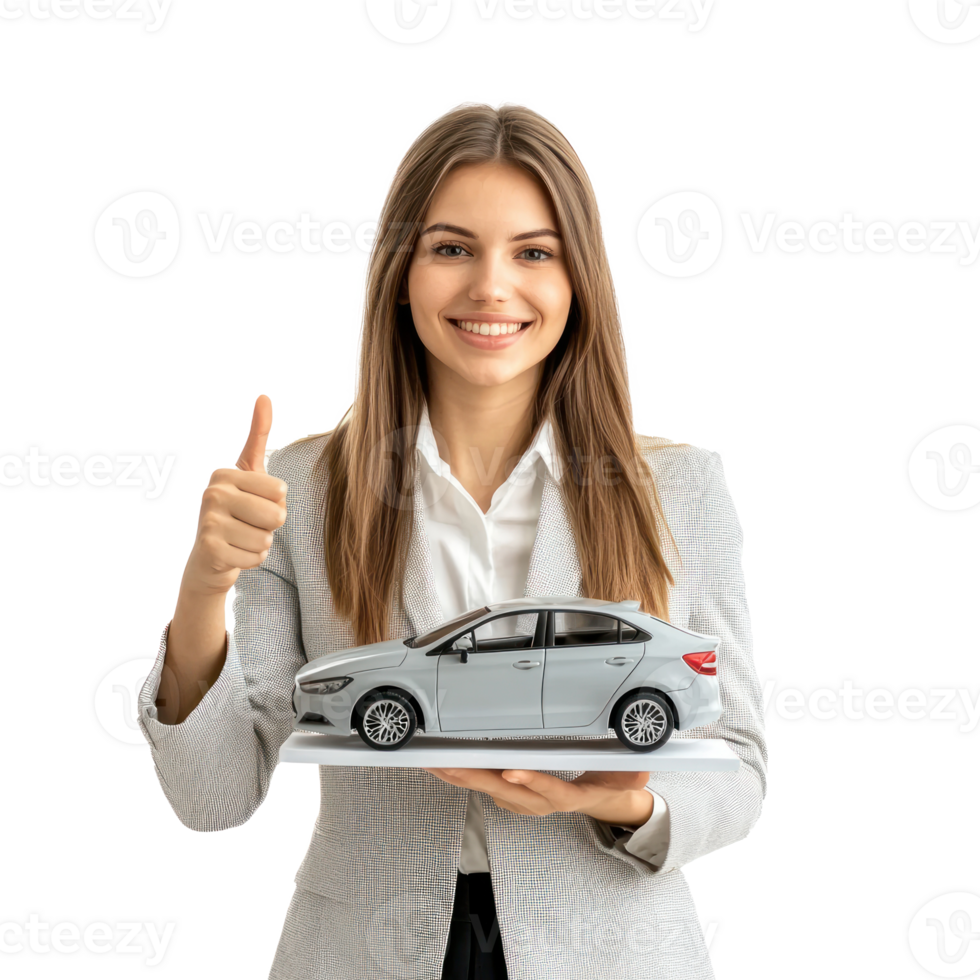 Smiling young businesswoman holding car model with hand pointing at empty space, standing front view isolate on transparent background png