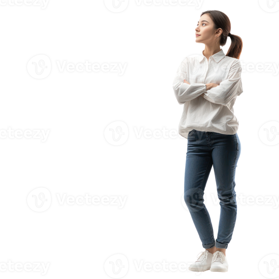 Female customer thinking and looking at empty space, standing front view isolate on transparent background png