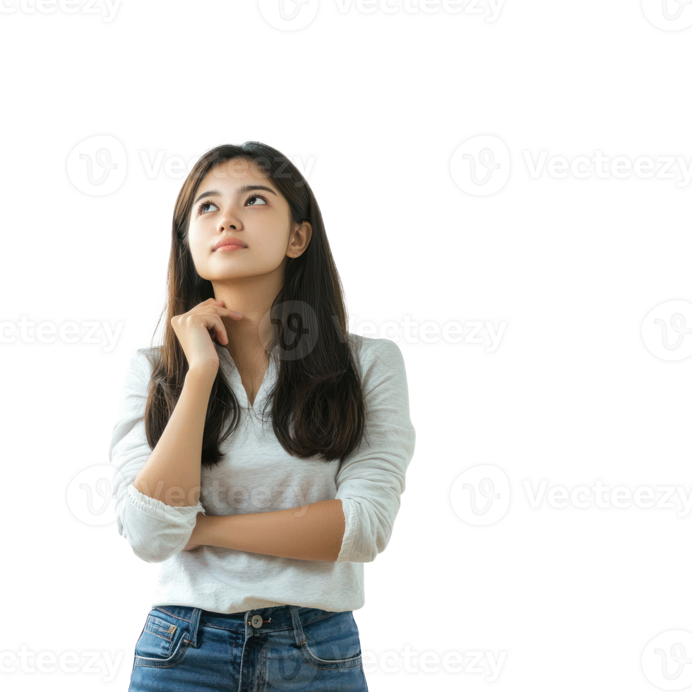 Female customer thinking and looking at empty space, standing isolate on transparent background png