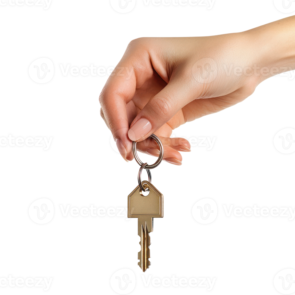 Woman long hand holding house key isolate on transparent background png