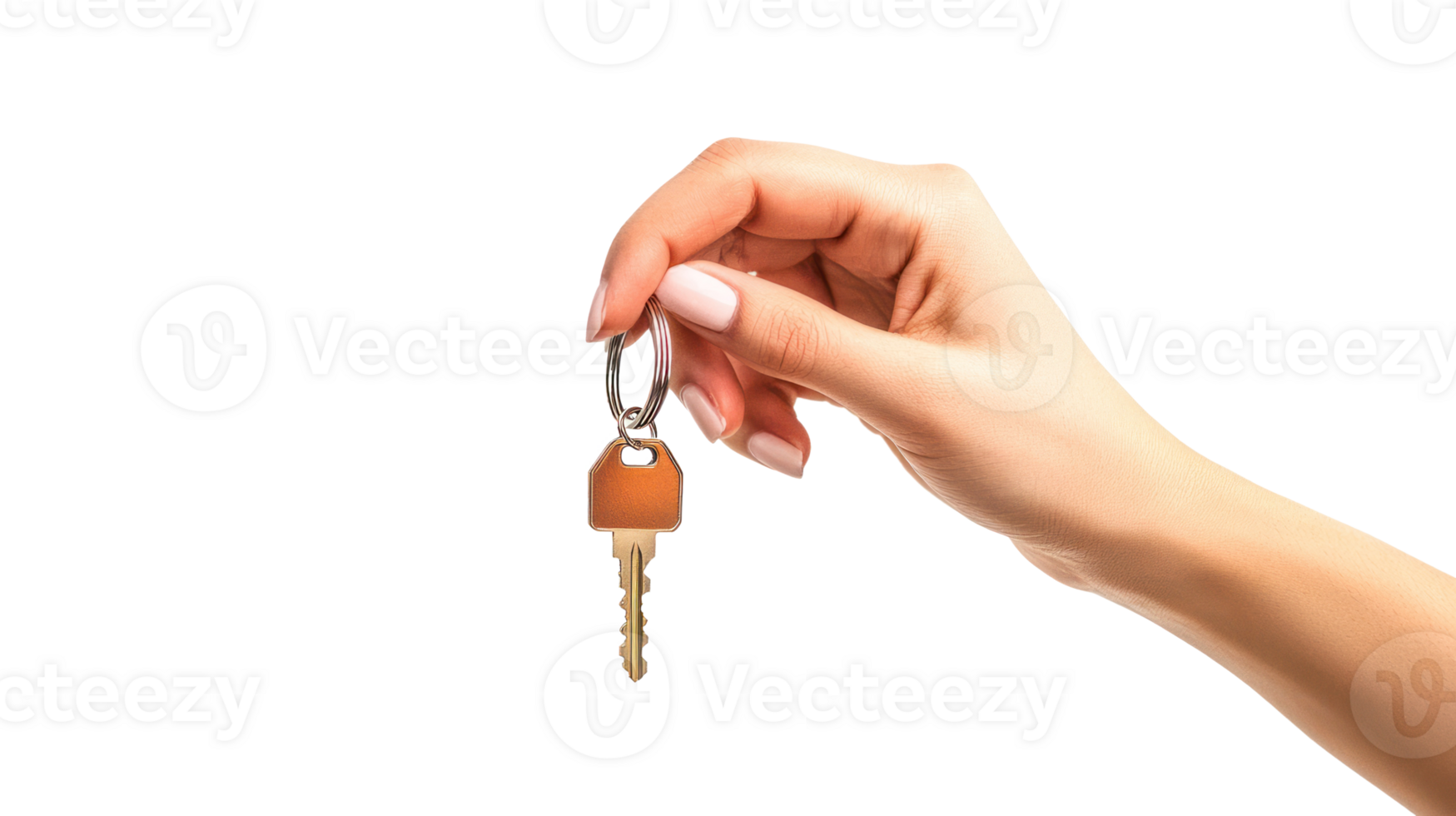 Woman long hand holding house key isolate on transparent background png