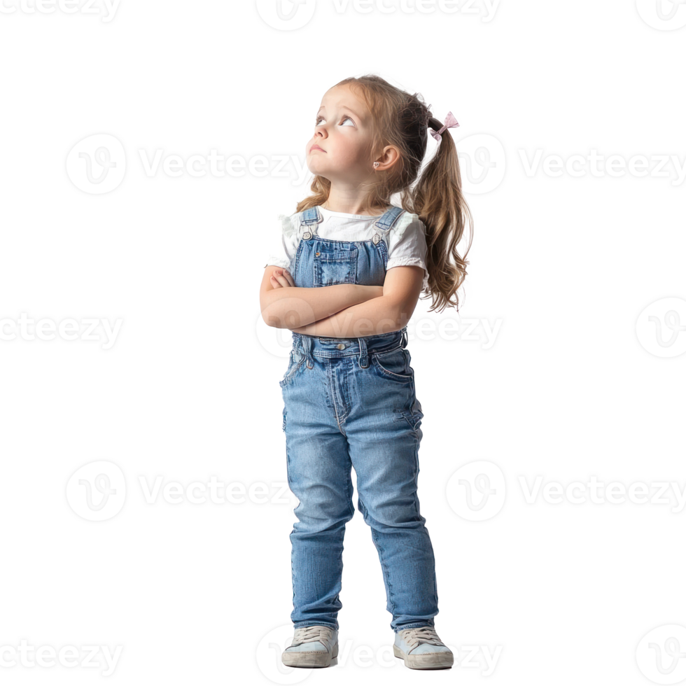 Little girl thinking and looking at empty space, standing isolate on transparent background png